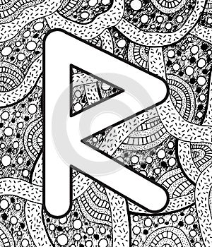 Ancient scandinavic rune raido with doodle ornament background. Coloring page for adults. Psychedelic fantastic mystical artwork.