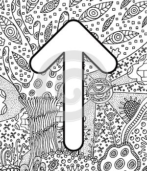 Ancient scandinavic rune teiwaz with doodle ornament background. Coloring page for adults. Psychedelic fantastic mystical artwork