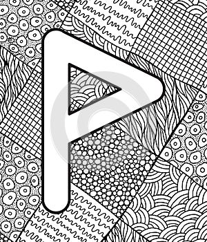 Ancient scandinavic rune wunjo with doodle ornament background. Coloring page for adults. Psychedelic fantastic mystical artwork.