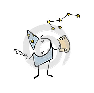 Ancient scientist in blue hat holds feather pen and piece of paper, watching the stars. Vector illustration of