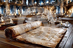 Ancient Scroll and Map on Table in Candlelit Library