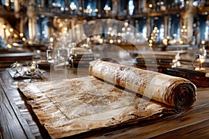 Ancient Scroll and Map on Table in Candlelit Library
