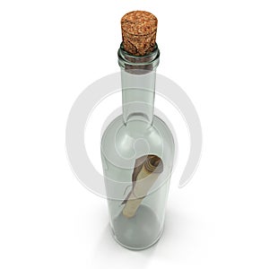 Ancient scroll message in the bottle on white. 3D illustration