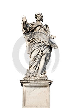 Ancient sculpture of an angel located in Ponte Sant`Angelo Saint Angel`s Bridge in Rome Italy. Isolated on white background.