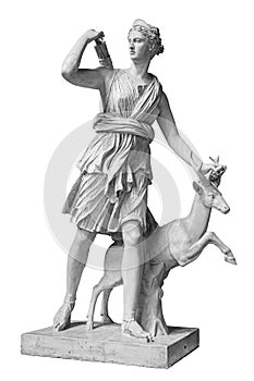 Ancient sculpture Diana Artemis. Goddess of of the moon, wildlife, nature and hunting. Classic white marble statuette photo