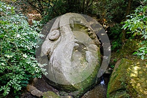 Ancient sculpture, Forest Fish, at the famous Parco dei Mostri, also called Sacro Bosco or Giardini di Bomarzo. Monsters