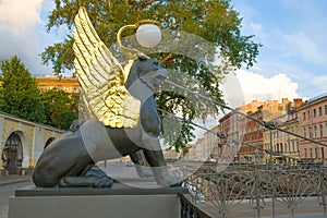 Ancient sculpture of a griffin. Bank Bridge, St. Petersburg