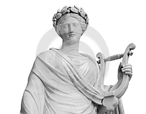Ancient sculpture of muse. Statue woman with lyre isolated photo with clipping path