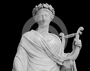 Ancient sculpture of muse. Statue woman with lyre isolated photo with clipping path