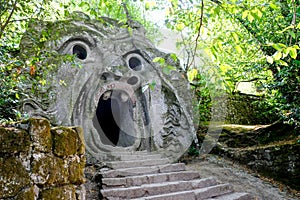 Ancient sculpture, Orcs Mouth, at the famous Parco dei Mostri, also called Sacro Bosco or Giardini di Bomarzo. Monsters