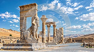 Ancient sculpture of Persepolis against blue sky in Iran