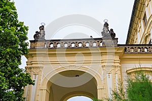 Ancient sculptures in the architecture of the city. Historical and cultural heritage. Background.