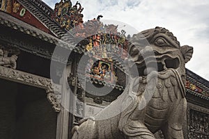 Ancient sculptures of Fu Dogs in chinese temple