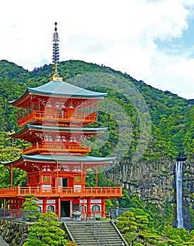 Ancient Seigantoji Temple Pagoda and Nachi Waterfall in Kii-Katsuura, Japan