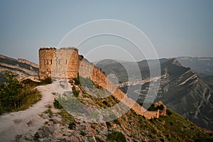 Ancient Shamil fortress in Gunib at sunset