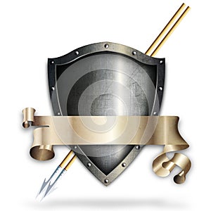 Medieval riveted shield with spears and scroll on white background.