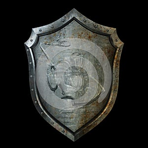 Ancient shield with the relief of a knight in armor.