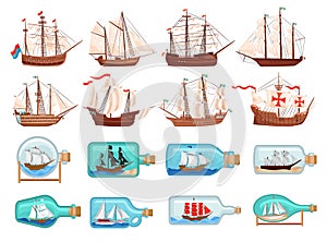 Ancient ship boat with white canvas and old miniature vessels in bottles set. Sailboat souvenirs cartoon vector