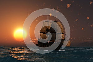 Ancient ship at sunset