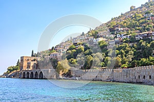 Ancient shipyard near of Kizil Kule tower in Alanya peninsula