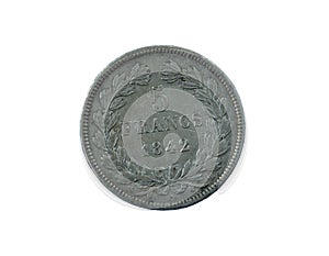 An ancient silver coin France 5 francs 1842 on a white backgroun