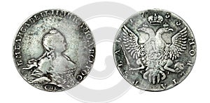 Ancient silver coin one ruble of Russian Empire, 1755