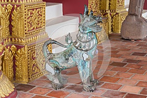 Ancient Singha Lion, Magic Animal in Buddhism Legend, Statue Aged Over 150 Years