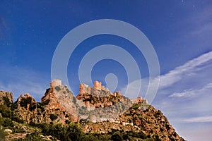 Ancient Snake Castle Yilankale in open air with stars in twilight hour in the province of Adana-Ceyhan in Turkey country.