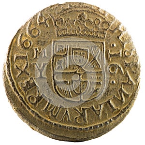 Ancient Spanish copper coin of King Felipe IV. 1664, Madrid