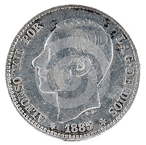 Ancient Spanish silver coin of King Alfonso XII. 1 peseta. 1885, 1885 in the stars. Obverse.