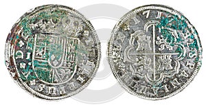 Ancient Spanish silver coin of the King Felipe V. 1717. Coined in Madrid. 2 reales.