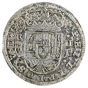 Ancient Spanish silver coin of the King Felipe V. 1717. Coined in Segovia. 2 reales. Obverse.