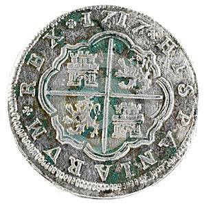 Ancient Spanish silver coin of the King Felipe V. 1717. Coined in Segovia. 2 reales. Reverse.
