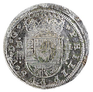 Ancient Spanish silver coin of the King Felipe V. 1717. Coined in Segovia.