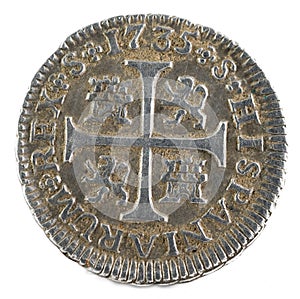 Ancient Spanish silver coin of the King Felipe V. 1735. Coined in Sevilla. Medio real. photo