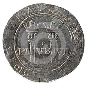 Ancient Spanish silver coin of the Kings Juana and Carlos. Coined in Mexico. Real. Reverse. photo