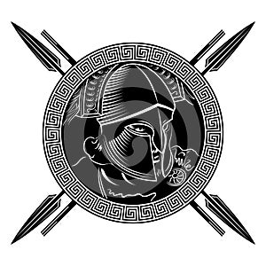 Ancient Spartan warrior, helmet, greek ornament meander and spears