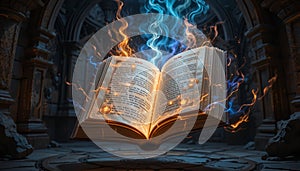Ancient Spellbook Awakening â AI-Generated Floating Grimoire with Arcane Energy for Fantasy Book Covers & RPG Game Art photo