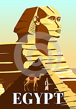 Ancient Sphinx, Egypt Pharaoh Pyramids Vintage Poster. Travel to Egypt Country, Sahara desert, camel with egyptian