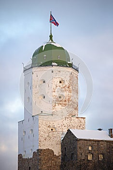 Ancient St. Olaf\'s tower close-up on a February evening. Vyborg. Leningrad region, Russia