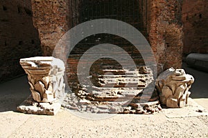 Ancient staircase with iron grid, Colosseum inside in details, Rome, Italy,