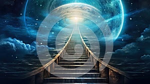 Ancient stairway, staircase leading up to the sky and space. Generative AI