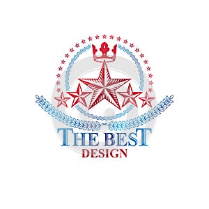 Ancient Star emblem decorated with imperial crown and laurel wreath. Heraldic vector design element, 5 stars award symbol. Retro