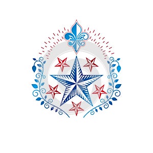 Ancient Star emblem decorated with lily flower and floral ornament. Heraldic vector design element, 5 stars award symbol. Retro