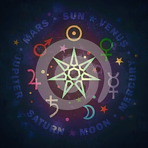 Ancient Star of The Magicians. Seven planets of Astrology.