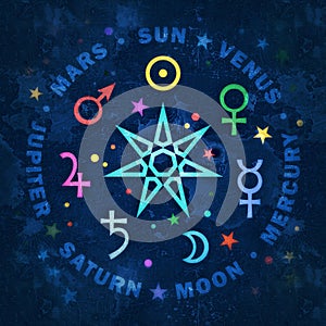 Ancient Star of The Magicians. Seven planets of Astrology.