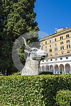 Ancient statue of Bull in baths of Diocletian -Thermae Diocletiani- in Rome. Italy