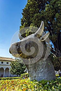 Ancient statue of Bull in baths of Diocletian -Thermae Diocletiani- in Rome. Italy