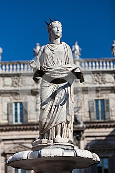 Ancient Statue of Fountain Madonna Verona on Piazza delle Erbe, Italy