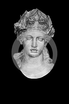 Ancient statue of god of wine, fun and entertainment Bacchus Dionysus. Black and white image